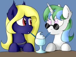 Size: 5000x3730 | Tagged: safe, artist:renderpoint, oc, oc only, oc:butter cream, oc:crescent, bat pony, pony, unicorn, bat pony oc, best friends, blind, commission, cross, fangs, female, glasses, jewelry, looking at each other, mare, milkshake, pendant, sharing a drink, sipping, straw
