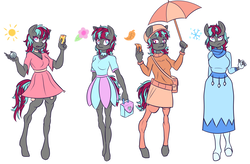 Size: 2352x1544 | Tagged: safe, artist:breeoche, oc, oc only, oc:solarsteinn, anthro, unguligrade anthro, autumn, bare hooves, clothes, collar, dress, female, fortune teller, gray coat, scarf, seasons, spring, standing, summer, tail, umbrella, winter