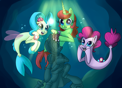 Size: 5386x3890 | Tagged: safe, artist:lamentedmusings, pinkie pie, princess skystar, pony, seapony (g4), g4, my little pony: the movie, disney, ocean, ponified, princess ariel, seaponified, seapony pinkie pie, species swap, that pony sure does love being a seapony, the little mermaid, underwater