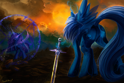 Size: 3000x2000 | Tagged: safe, artist:1deathpony1, princess luna, alicorn, pony, g4, butt, confrontation, female, high res, inner demons, mare, moonbutt, nightmare luna, plot, sword, weapon