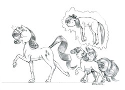 Size: 1400x1013 | Tagged: safe, artist:baron engel, apple bloom, rarity, scootaloo, sweetie belle, earth pony, pegasus, pony, unicorn, g4, cutie mark crusaders, female, filly, glowing horn, grayscale, horn, levitation, magic, mare, monochrome, pencil drawing, simple background, sketch, story included, telekinesis, traditional art, white background