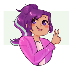 Size: 2590x2436 | Tagged: safe, artist:mochietti, starlight glimmer, human, g4, alternate hairstyle, female, high res, humanized, peace sign, simple background, solo, tongue out, transparent background