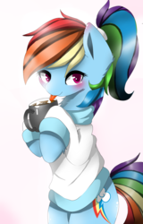 Size: 1024x1600 | Tagged: safe, rainbow dash, g4, chocolate, clothes, cute, dashabetes, food, hot chocolate, licking, sweater, tied up, tongue out