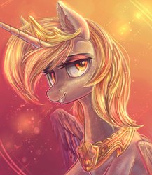 Size: 1200x1382 | Tagged: safe, artist:fly-gray, derpy hooves, alicorn, pony, g4, abstract background, alicornified, bust, crepuscular rays, derpicorn, ethereal mane, female, jewelry, lidded eyes, looking at you, mare, portrait, princess derpy, race swap, smiling, solo, sunlight, tiara