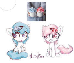Size: 997x862 | Tagged: safe, artist:inowiseei, oc, oc only, earth pony, pony, blueberry, chest fluff, chibi, cute, duo, female, floppy ears, food, ice cream, mare, ocbetes, ponified, simple background, sitting, smiling, strawberry, tongue out, white background