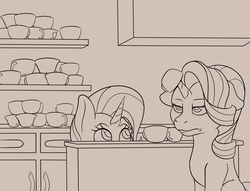 Size: 3731x2851 | Tagged: safe, artist:nudeknightart, starlight glimmer, trixie, pony, unicorn, all bottled up, g4, cup, duo, female, high res, lineart, mare, teacup, that pony sure does love teacups