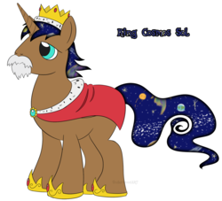 Size: 1342x1218 | Tagged: safe, artist:underwoodart, oc, oc only, oc:cosmos sol, alicorn, pony, the tale of two sisters, alicorn oc, beard, cape, clothes, concept art, crown, facial hair, galaxy mane, hoof shoes, jewelry, male, previous generation, princess shoes, regalia, simple background, solo, stallion, white background