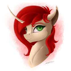 Size: 2500x2500 | Tagged: safe, artist:skitsroom, oc, oc only, oc:kira, pony, unicorn, curved horn, female, green eyes, high res, horn, looking at you, mare, slit pupils, smiling