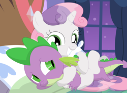 Size: 3528x2591 | Tagged: safe, artist:porygon2z, spike, sweetie belle, dragon, g4, cuddling, female, high res, male, ship:spikebelle, shipping, straight