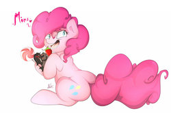 Size: 1024x681 | Tagged: safe, artist:evange, king sombra, pinkie pie, pony, g4, butt, candy, chubbie, female, food, holding a pony, lollipop, male, micro, plot, shipping, simple background, sombrapie, straight, strawberry, white background