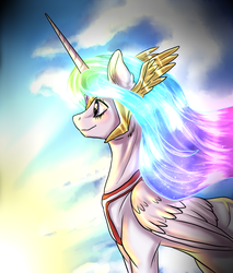 Size: 1702x2000 | Tagged: safe, artist:not-ordinary-pony, princess celestia, alicorn, pony, g4, clothes, cloud, cloudy, female, folded wings, jewelry, mare, regalia, sky, smiling, solo, wings