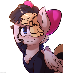 Size: 1800x2100 | Tagged: dead source, safe, artist:whitepone, songbird serenade, pegasus, pony, g4, my little pony: the movie, blue eyes, blushing, bow, chest fluff, clothes, cute, ear fluff, exposed, female, hair over one eye, headworn microphone, mare, microphone, simple background, smiling, solo, songbetes, white background, wings