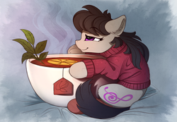 Size: 2100x1455 | Tagged: safe, artist:yakovlev-vad, octavia melody, earth pony, pony, clothes, comfy, cup, female, mare, smiling, solo, sweater, teacup