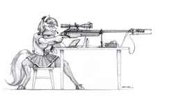 Size: 1700x938 | Tagged: safe, artist:baron engel, coco pommel, earth pony, anthro, unguligrade anthro, g4, black and white, bottle, chair, clothes, computer, female, glasses, goggles, grayscale, gun, laptop computer, monochrome, optical sight, pencil drawing, pleated skirt, rifle, simple background, sitting, sketch, skirt, sniper, sniper rifle, solo, stockings, table, thigh highs, traditional art, trigger discipline, weapon, white background, zettai ryouiki