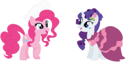 Size: 910x450 | Tagged: safe, artist:bezziie, pinkie pie, rarity, pony, g4, alternate hairstyle, base used, chef's hat, clothes, dress, flower, flower in hair, hat, simple background, transparent background