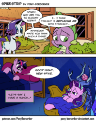 Size: 914x1152 | Tagged: safe, artist:pony-berserker, rarity, spike, starlight glimmer, twilight sparkle, alicorn, dragon, pony, unicorn, g4, bed, comic, dialogue, discussion in the comments, female, mare, night, sad, speech bubble, twilight sparkle (alicorn)
