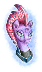 Size: 1680x2870 | Tagged: safe, artist:nightpaint12, tempest shadow, pony, unicorn, g4, my little pony: the movie, armor, broken horn, bust, eye scar, female, horn, mare, portrait, scar, smiling, solo, traditional art
