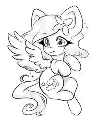 Size: 340x428 | Tagged: safe, artist:lnspira, oc, oc only, oc:flo, pegasus, pony, big ears, female, flower, flower in hair, flying, grayscale, mare, monochrome, simple background, smiling, solo, spread wings, white background, wings