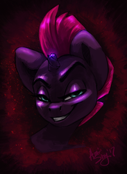 Size: 920x1256 | Tagged: safe, artist:amishy, tempest shadow, pony, unicorn, g4, my little pony: the movie, broken horn, bust, eye scar, female, horn, looking at you, mare, portrait, scar, smiling, solo