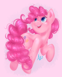 Size: 2000x2500 | Tagged: safe, artist:thefluffyvixen, pinkie pie, earth pony, pony, g4, female, high res, looking away, looking up, open mouth, pink background, raised hoof, simple background, smiling, solo, turned head