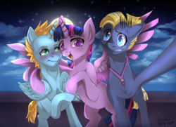 Size: 2760x2000 | Tagged: dead source, safe, alternate version, artist:php154, star tracker, twilight sparkle, oc, oc:harmony star, alicorn, earth pony, pony, g4, once upon a zeppelin, alicorn oc, bipedal, commission, female, group photo, high res, jewelry, male, mare, necklace, ship:twitracker, stallion, sweat, twilight sparkle (alicorn), twimony