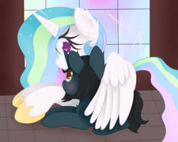 Size: 1500x1200 | Tagged: safe, artist:zlight, princess celestia, oc, oc:lazerblues, g4, blushing, cuddling, hug, shipping, winghug