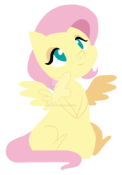 Size: 1024x1472 | Tagged: safe, artist:sk-ree, fluttershy, pegasus, pony, g4, chibi, eyeshadow, female, flat colors, lidded eyes, looking up, makeup, simple background, sitting, smiling, solo, spread wings, transparent background, watermark, wings