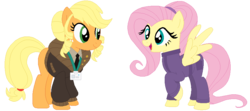 Size: 853x380 | Tagged: safe, artist:bezziie, applejack, fluttershy, earth pony, pegasus, pony, g4, alternate hairstyle, clothes, clothes swap, female, mare, overalls, simple background, transparent background