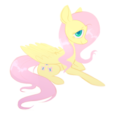 Size: 955x894 | Tagged: safe, artist:wrensw, fluttershy, pegasus, pony, g4, female, looking at you, mare, profile, prone, simple background, smiling, solo, transparent background, wings