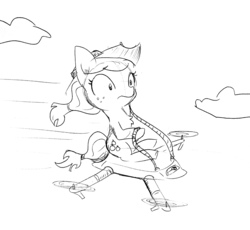 Size: 1473x1355 | Tagged: safe, artist:tjpones, applejack, earth pony, pony, g4, applejack's hat, black and white, cloud, cowboy hat, drone, female, flying, freckles, grayscale, hat, inktober, monochrome, ponies riding drones, reins, riding, simple background, sitting, solo, speed lines, traditional art, white background