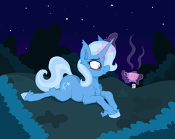 Size: 2347x1855 | Tagged: safe, artist:paskanaakka, derpibooru exclusive, trixie, pony, unicorn, g4, bags under eyes, bush, chest fluff, colored hooves, cup, ear fluff, female, fluffy, food, hair over one eye, magic, mare, night, prone, smiling, smirk, solo, sploot, stars, tea, teacup, telekinesis, that pony sure does love teacups, tired, unshorn fetlocks