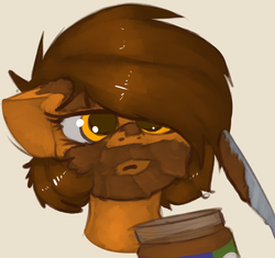 Size: 805x758 | Tagged: safe, artist:marsminer, oc, oc only, oc:venus spring, pony, brown background, bust, butter knife, floppy ears, food, lidded eyes, looking at you, peanut butter, portrait, simple background, solo, unamused, venus is not amused