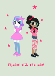 Size: 617x843 | Tagged: safe, artist:obeliskgirljohanny, princess flurry heart, oc, oc:scaryboo, equestria girls, g4, base used, clothes, dress, female, flats, leggings, looking at each other, obdessaverse, shorts, socks, striped socks