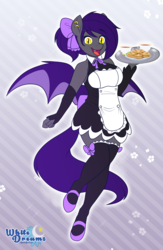 Size: 2856x4377 | Tagged: safe, artist:xwhitedreamsx, oc, oc only, bat pony, anthro, unguligrade anthro, anthro oc, bat pony oc, bow, clothes, cookie, cup, ear piercing, female, food, gloves, looking at you, maid, mare, open mouth, piercing, slit pupils, smiling, solo, stockings, strapless, tea, thigh highs, tray, wings