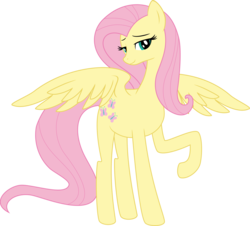 Size: 2256x2036 | Tagged: safe, fluttershy, pegasus, pony, g4, .svg available, alternate body style, bedroom eyes, cutie mark, female, high res, long legs, looking at you, mare, raised hoof, simple background, solo, spread wings, svg, tall, transparent background, vector, wings