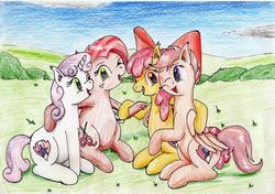 Size: 3474x2448 | Tagged: safe, artist:40kponyguy, derpibooru exclusive, apple bloom, babs seed, scootaloo, sweetie belle, earth pony, pegasus, pony, unicorn, g4, bow, cutie mark, cutie mark crusaders, group hug, hair bow, high res, hug, laughing, looking at you, requested art, traditional art