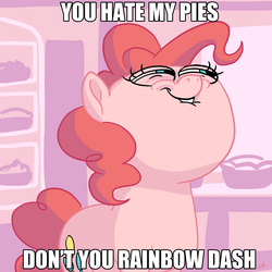 Size: 1500x1500 | Tagged: safe, artist:docwario, pinkie pie, earth pony, pony, g4, secrets and pies, female, just one bite, lip bite, mare, parody, reference, shit eating grin, solo, spongebob reference, spongebob squarepants, squint, you like krabby patties don't you squidward?
