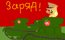 Size: 1280x800 | Tagged: safe, artist:hotdog, applejack, earth pony, pony, g4, animated, anti-fascism, anti-fascist action, bigotjack, communism, communism is magic, communist party, female, gif, iron front, mare, russian, solo, t-26, tank (vehicle), three arrows, translated in the comments