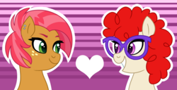 Size: 1024x526 | Tagged: safe, artist:cascayd, babs seed, twist, earth pony, pony, g4, ear piercing, earring, female, filly, glasses, jewelry, lesbian, looking at each other, piercing, ship:babstwist, shipping