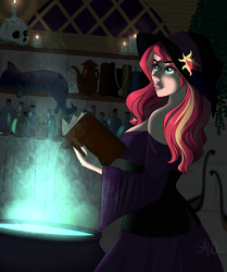Size: 2056x2458 | Tagged: safe, artist:fairdahlia, sunset shimmer, cat, human, g4, book, breasts, candle, cauldron, halloween, hat, high res, holiday, humanized, skull, smiling, witch, witch hat