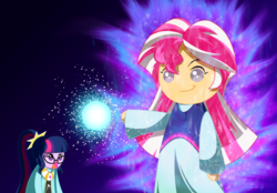 Size: 1180x820 | Tagged: safe, artist:rosemile mulberry, sci-twi, sunset shimmer, twilight sparkle, equestria girls, g4, anime, chibi, clothes, crossover, cute, dragon ball, dragon ball super, glasses, open mouth, shocked, smiling, ultra instinct
