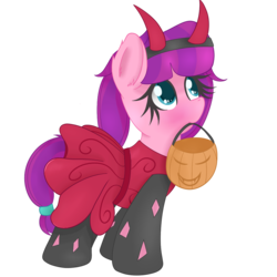Size: 1200x1200 | Tagged: safe, artist:zlight, lily longsocks, pony, g4, clothes, costume, devil horns, female, filly, halloween, halloween costume, holiday, mouth hold, nightmare night, nightmare night costume, pumpkin bucket, simple background, solo, transparent background
