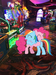 Size: 1512x2016 | Tagged: safe, pinkie pie, rainbow dash, g4, arcade, cyber quest, four winds resort, ghostbusters, irl, michigan, new buffalo, photo, ponies in real life