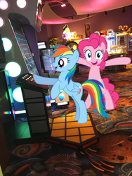 Size: 1512x2016 | Tagged: safe, pinkie pie, rainbow dash, g4, arcade, cyber quest, deal or no deal, four winds resort, irl, michigan, new buffalo, photo, ponies in real life