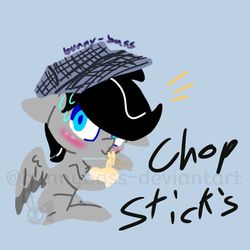 Size: 768x768 | Tagged: safe, artist:bunnybass, oc, oc only, oc:chopsticks, pegasus, pony, blushing, bowl, chibi, chopsticks, clothes, cute, hat, solo, surprised, sweat