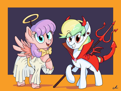 Size: 3200x2400 | Tagged: safe, artist:docwario, oc, oc only, oc:cool treat, oc:cutie pie, angel, devil, pegasus, pony, clothes, costume, devil horns, duo, female, halo, high res, mare