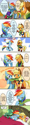 Size: 860x3540 | Tagged: safe, artist:ryuu, applejack, rainbow dash, tank, earth pony, pegasus, pony, tortoise, g4, bed, blushing, clothes, cold, cowboy hat, dialogue, eyes closed, female, freckles, hat, japanese reading order, lesbian, looking at each other, mare, one eye closed, open mouth, scarf, shared clothing, shared scarf, ship:appledash, shipping, sick, smiling, sneezing, speech bubble, thermometer