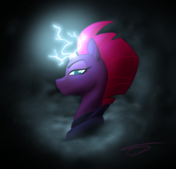 Size: 3109x3000 | Tagged: safe, artist:drake, tempest shadow, pony, unicorn, g4, my little pony: the movie, armor, broken horn, bust, female, fog, high res, horn, lightning, looking at you, portrait, profile, smiling, smoke, solo
