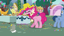 Size: 1920x1080 | Tagged: safe, screencap, blues, bon bon, noteworthy, pinkie pie, sweetie drops, earth pony, pony, unicorn, g4, secrets and pies, angry, balloon, butt, female, food, male, mare, pie, pie tin, plot, stallion, yelling