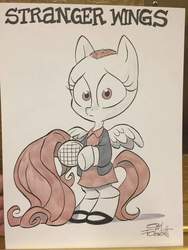 Size: 720x960 | Tagged: safe, artist:jay fosgitt, fluttershy, g4, bipedal, clothes, cosplay, costume, eggo, eleven, female, food, inktober, parody, pun, shaved head, solo, stranger things, stranger wings, traditional art, waffle, wig